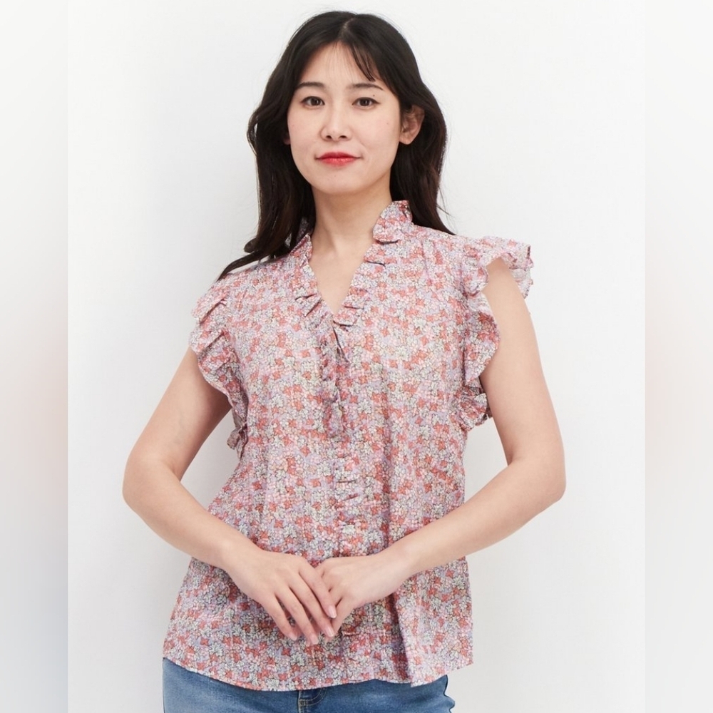 REBECCA TAYLOR LA VIE Sleeveless Eva Floral Top Blouse Ruffle Pink Sz Large